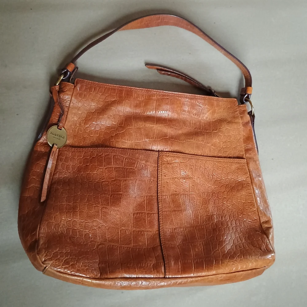 Margot Textured Brown Cognac Leather Shoulder Bag Boho Neutral Purse Handbag